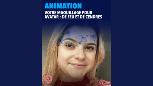 Maquillage artistique pour avatar de feu et de cendres, créativité et style unique, parfait pour événements et cosplay.