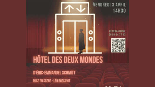 Ascenseur avec silhouette et flèches directionnelles, spectacle Hôtel des Deux Mondes Nantes.
