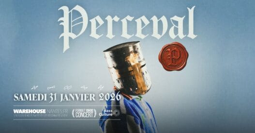 Une affiche de concert à Nantes avec un design moderne et un masque à figure humaine avec un cachet de cire rouge.