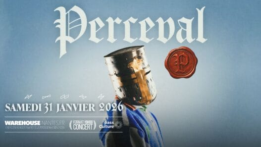 Une affiche de concert à Nantes avec un design moderne et un masque à figure humaine avec un cachet de cire rouge.