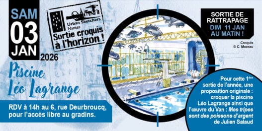 Piscine Léo Lagrange Nantes, visite guidée dessinée, activités aquatiques, événement culturel en Loire-Atlantique.