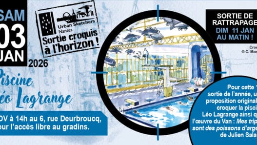 Piscine Léo Lagrange Nantes, visite guidée dessinée, activités aquatiques, événement culturel en Loire-Atlantique.