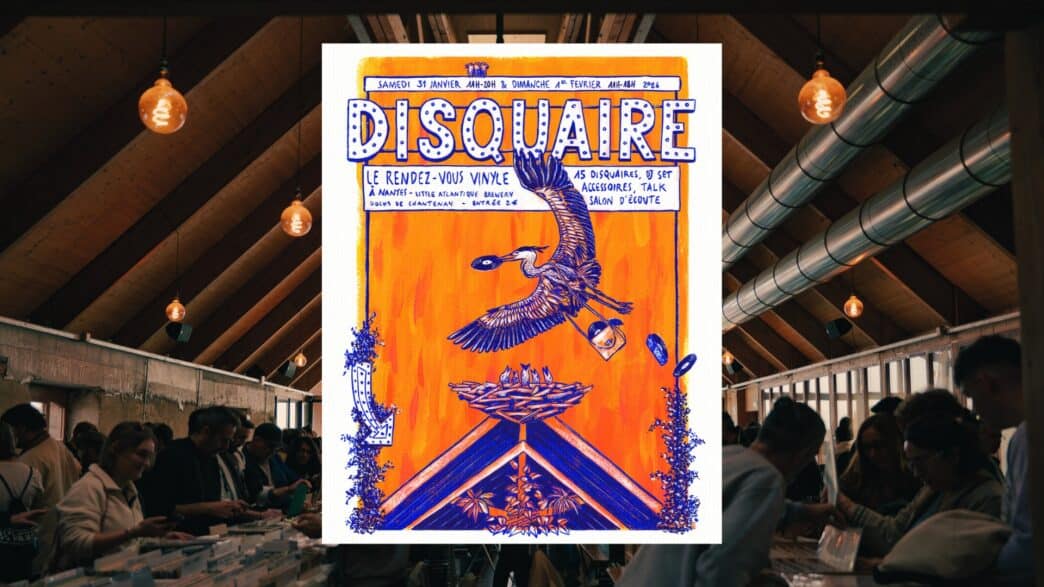 Vignette artistique du festival Disquaire à Nantes, mettant en valeur l'événement musical et vinyle.