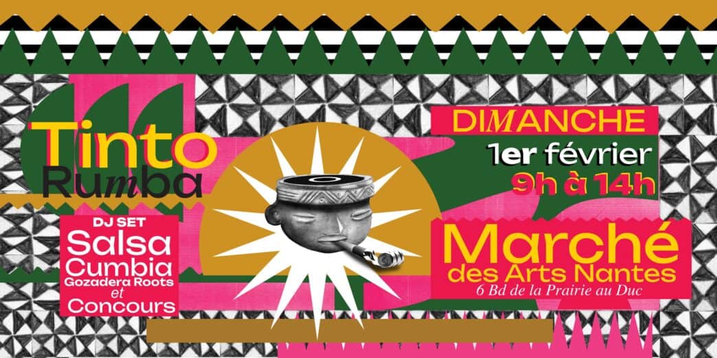 Colorful market poster promoting Big City Nantes, Tinto Rumba, with salsa, cumbia, and roots music.