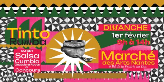 Colorful market poster promoting Big City Nantes, Tinto Rumba, with salsa, cumbia, and roots music.