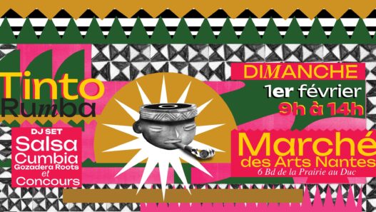 Colorful market poster promoting Big City Nantes, Tinto Rumba, with salsa, cumbia, and roots music.