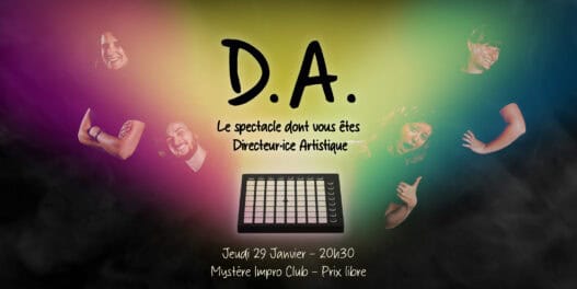 Spectacle D.A. avec acteurs expressifs au Mystère Impro Club à Nantes, soirée théâtrale et musicale le 29 janvier.