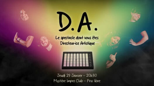 Spectacle D.A. avec acteurs expressifs au Mystère Impro Club à Nantes, soirée théâtrale et musicale le 29 janvier.