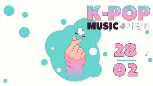 Illustration d'une main faisant un geste de cœur avec des éléments KPOP colorés.