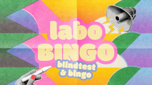 Jeu de bingo auto coloré avec logo Labo Bingo et éléments de voiture.