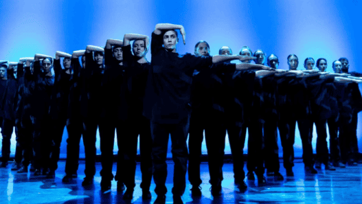 Murmuration spectaculaire lors du spectacle inédit à Nantes, mettant en scène des danseurs en noir d.