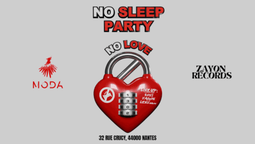 Serrure de cadenas avec message "No Sleep Party" et "No Love" à Nantes.