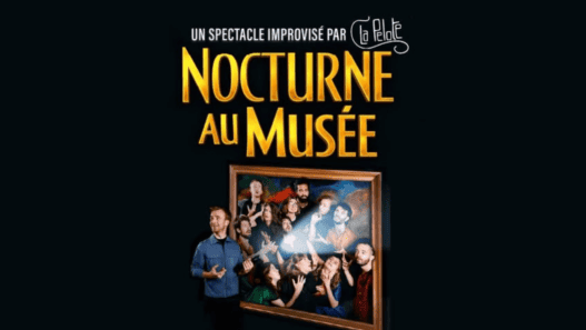 Photo du spectacle improvisé "Nocturne au Musée" par La Pelote, avec des artistes en pleine performa.