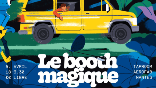Auto jaune avec passager à la fenêtre, illustration colorée.