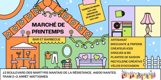 Marché de printemps avec stands artisanaux et produits locaux à Nantes.