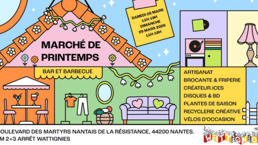 Marché de printemps avec stands artisanaux et produits locaux à Nantes.