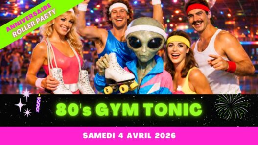 Photo de personnes déguisées en rollers et tenues colorées lors d'une fête rétro.