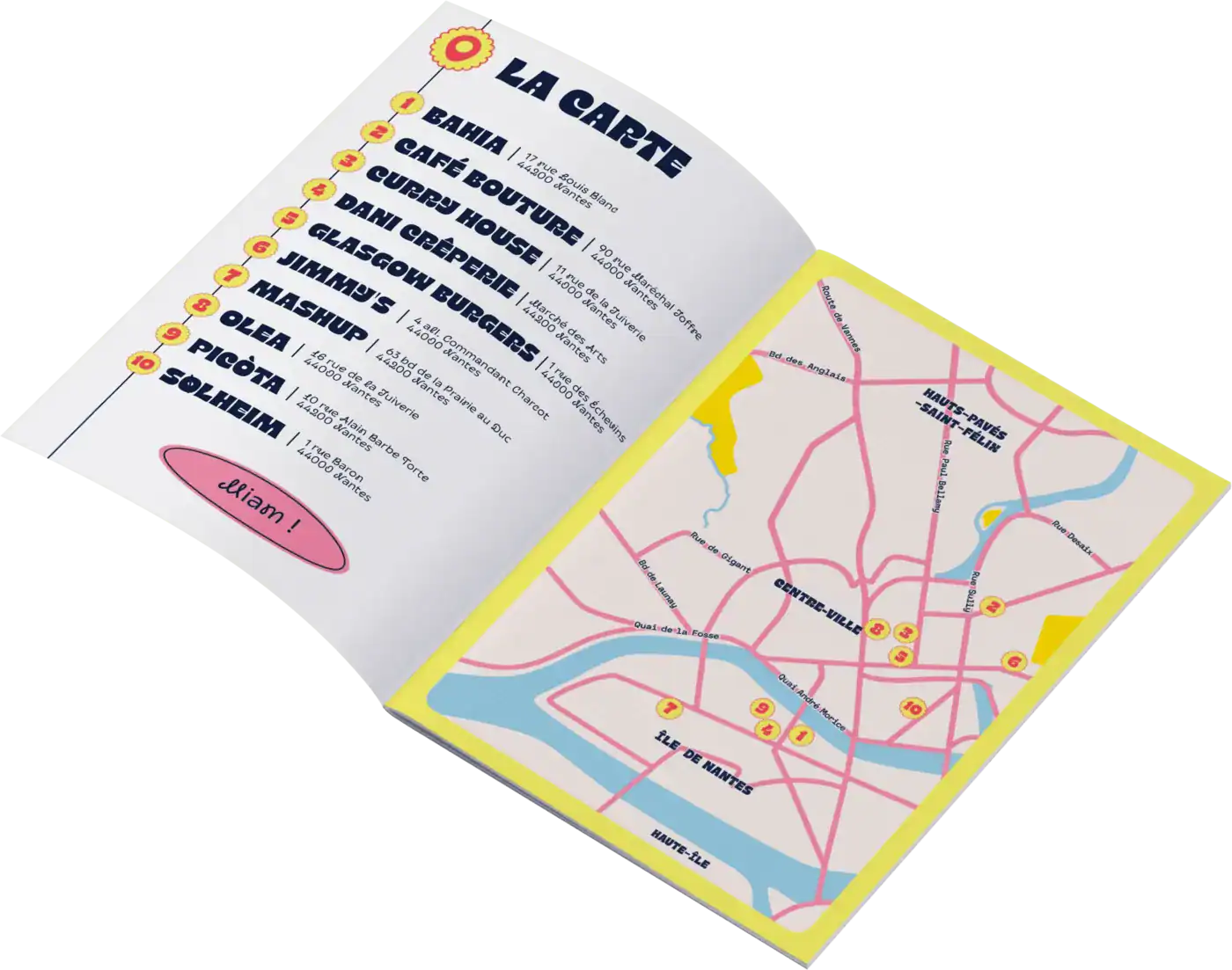 Le Passeport du Très Bon ouvert sur la double page « La carte », avec le plan de Nantes et la liste des 10 tables