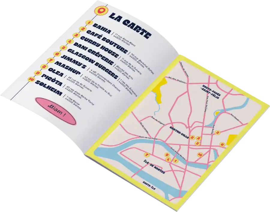 Le Passeport du Très Bon ouvert sur la double page « La carte », avec le plan de Nantes et la liste des 10 tables
