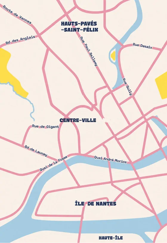 Carte de Nantes : centre-ville, Île de Nantes, la Loire et l'Erdre