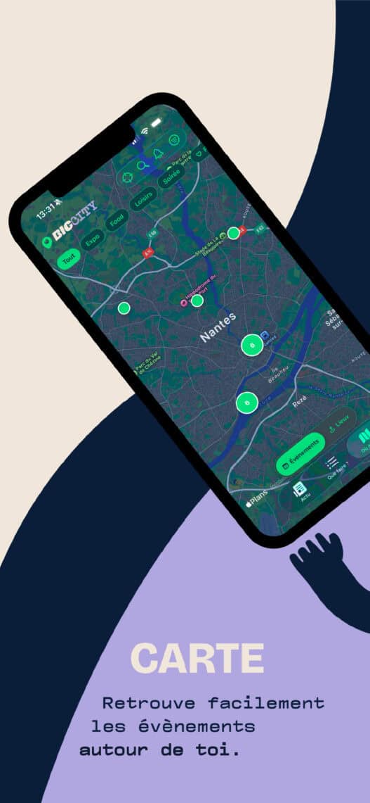 Vue carte : les événements géolocalisés autour de toi.