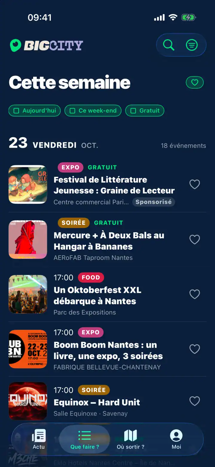 Écran d'accueil de l'application Big City : l'agenda de la semaine, jour par jour, avec les filtres Aujourd'hui, Ce week-end et Gratuit.