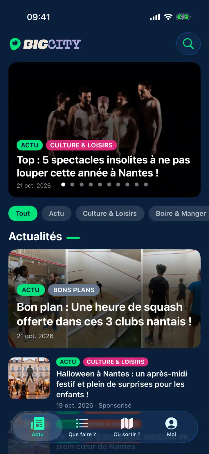 Onglet Actu de l'application Big City : la sélection « Top » en tête, les filtres par rubrique et les derniers articles de la rédaction.