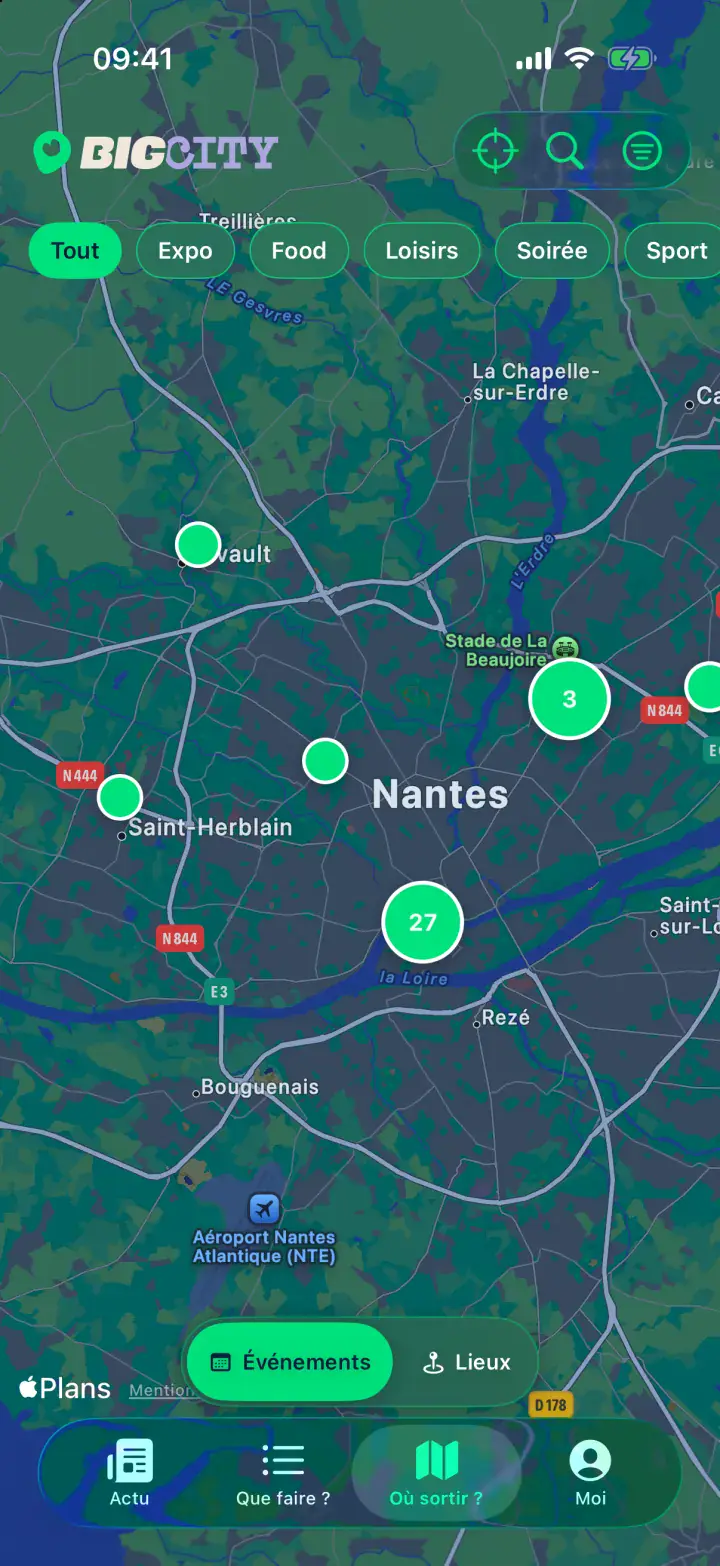 Carte interactive avec les événements géolocalisés autour de soi.