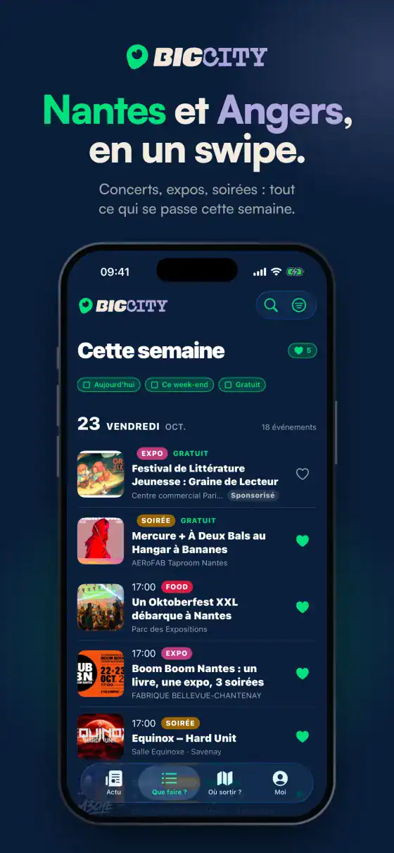 Planche « Nantes et Angers, en un swipe » : l'agenda « Cette semaine », avec ses filtres Aujourd'hui, Ce week-end et Gratuit.