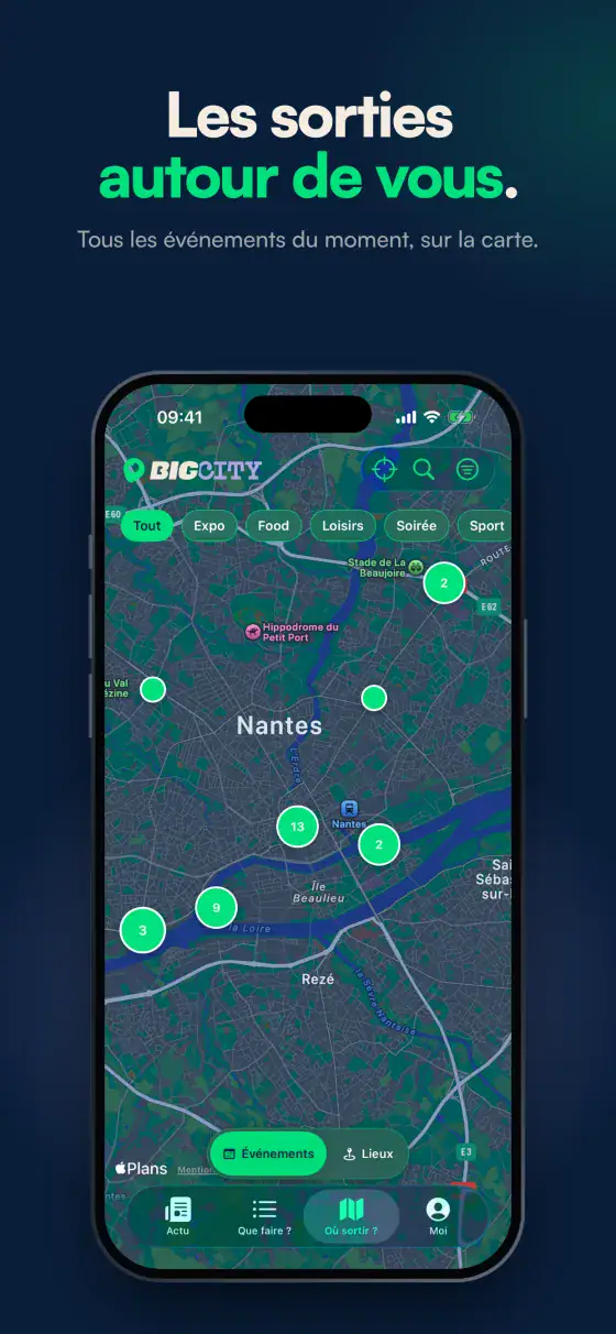 Planche « Les sorties autour de vous » : la carte des événements du moment, centrée sur Nantes.
