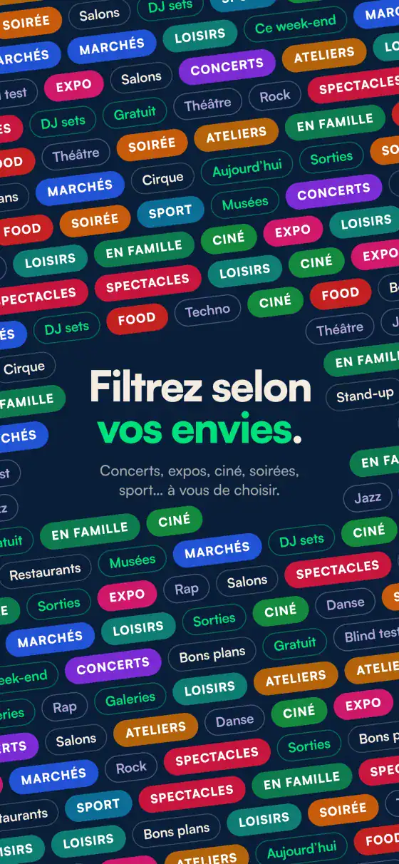 Planche « Filtrez selon vos envies » : un mur d'étiquettes de catégories de sorties (concerts, expos, ciné, soirées, sport…).