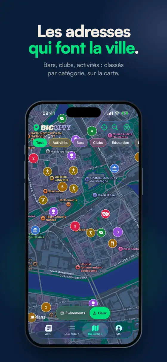 Planche « Les adresses qui font la ville » : la carte des lieux, avec leurs pastilles par catégorie.