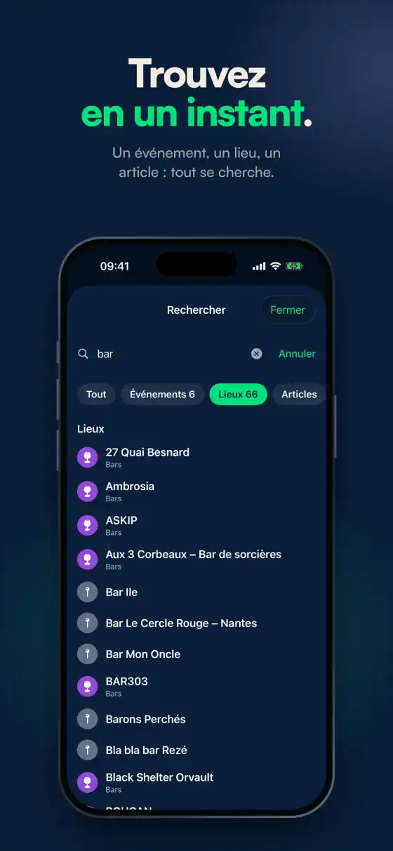 Planche « Trouvez en un instant » : la recherche, ici les lieux qui répondent à « bar ».
