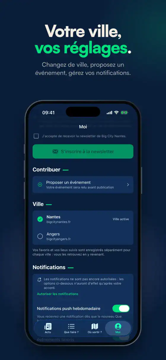 Planche « Votre ville, vos réglages » : l'onglet Moi, pour proposer un événement, passer de Nantes à Angers et régler les notifications.